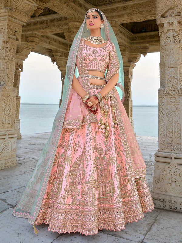 Bridal Peach Traditional Silk Lehenga Choli In Embroidered