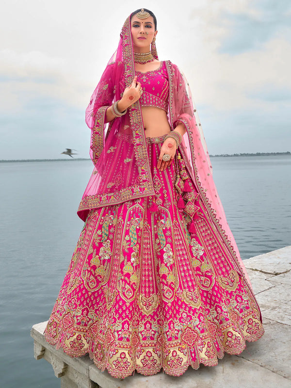 Pink Embordered Traditional Designer Silk Weeding Lehenga