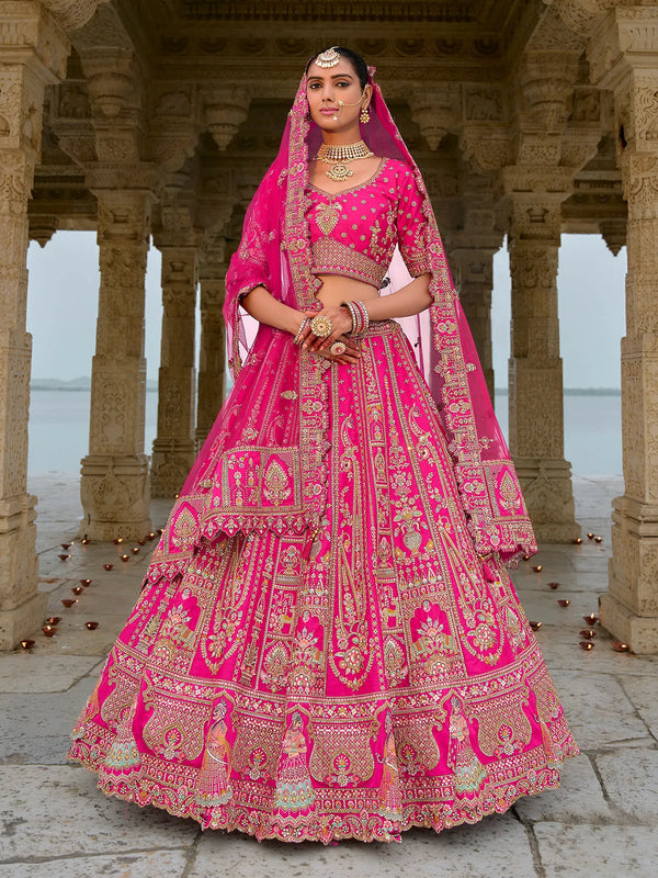 Pink Bridal Traditional Embroidered Silk Weeding Lehenga