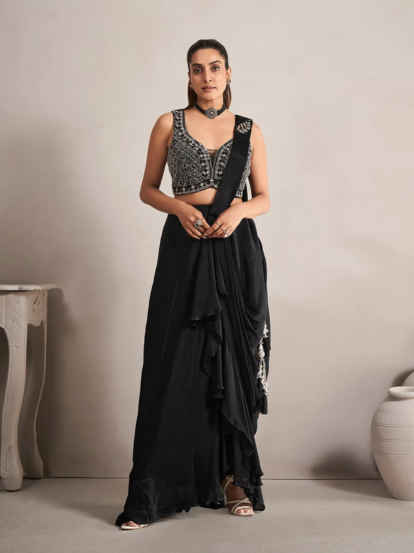 Black Georgette Ready Made Saree with Mirror and Bead Work for Parties