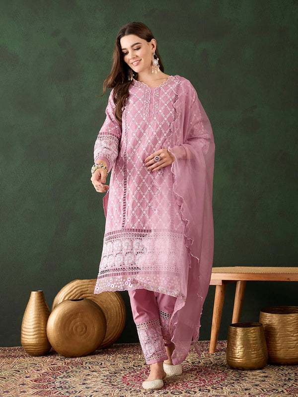 Pink Cotton Checks Embroidery Handwork Round Neck Kurta Set