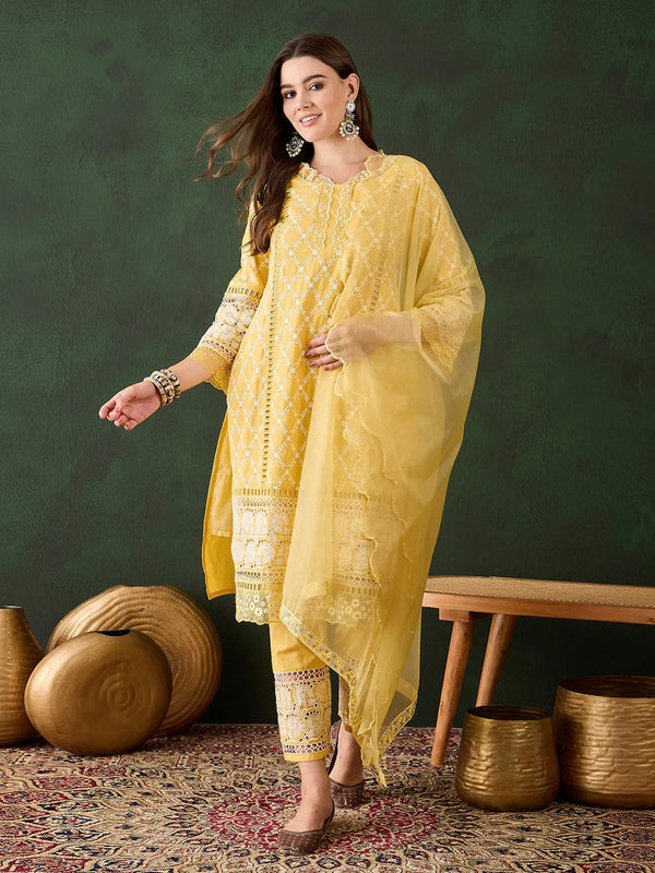 Yellow Cotton Checks Embroidery Handwork Round Neck Kurta Set