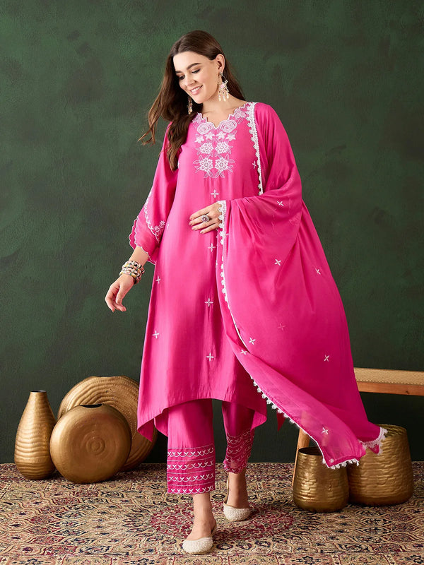 Pink Chandery Floral Embroidery Handwork V-Neck Designer Kurta Set