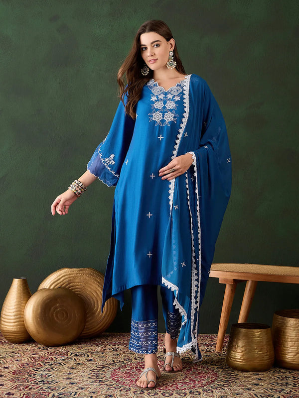 Blue Chandery Floral Embroidery Handwork V-Neck Designer Kurta Set