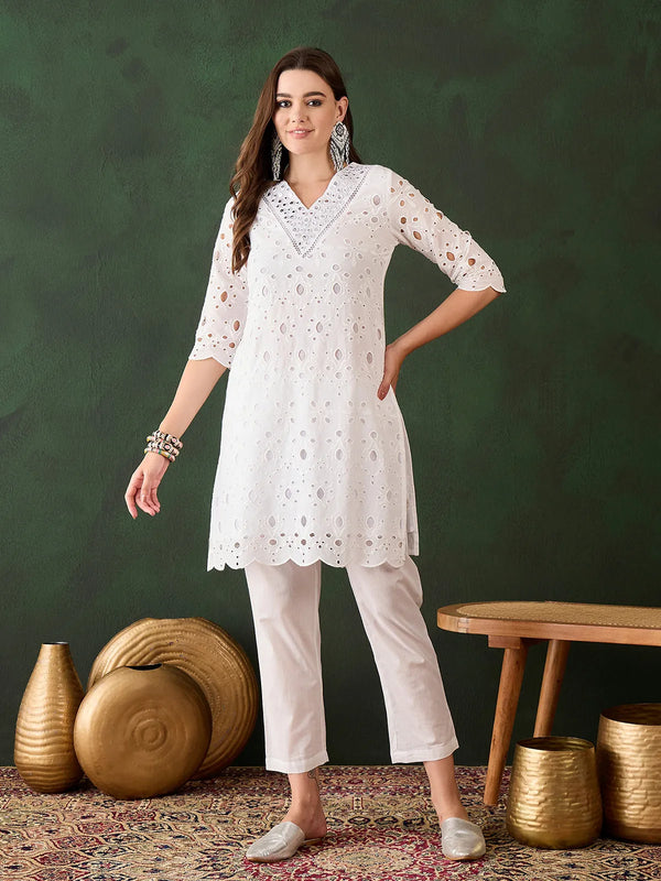 White Cotton Motifs Embroidery Handwork V-Neck Designer Kurta Set