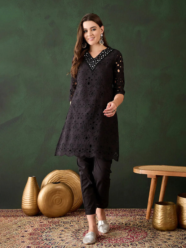 Black Cotton Motifs Embroidery Handwork V-Neck Designer Kurta Set