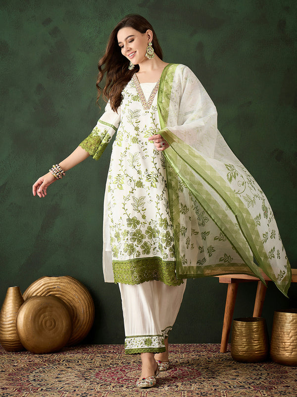 Green & White Silk Embroidery Handwork V-Neck Designer Kurta Set