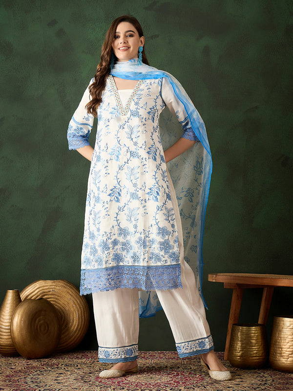 Blue & White Silk Embroidery Handwork V-Neck Designer Kurta Set