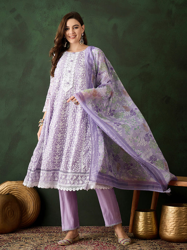 Lavender Organza Embroidery Floral Round Neck Designer Kurta Set