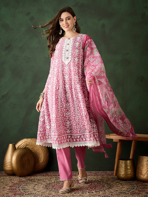 Pink Organza Embroidery Floral Round Neck Designer Kurta Set