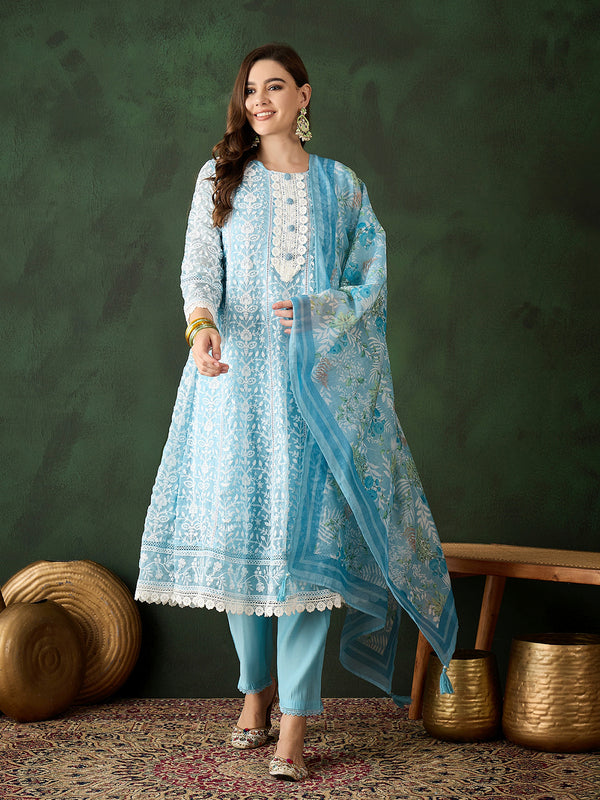 Blue Organza Embroidery Floral Round Neck Designer Kurta Set