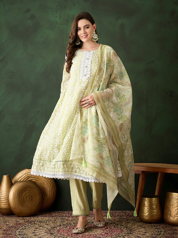 Green Organza Embroidery Floral Round Neck Designer Kurta Set