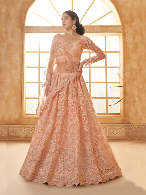 Peach Net Sangeet Lehenga Choli with Silk And Stonework