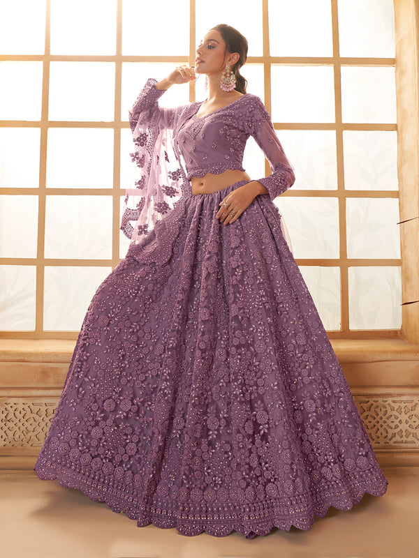 Lavender Net Sangeet Lehenga Choli with Silk And Stonework