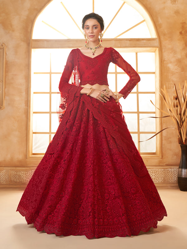 Red Net Sangeet Lehenga Choli with Silk And Stonework