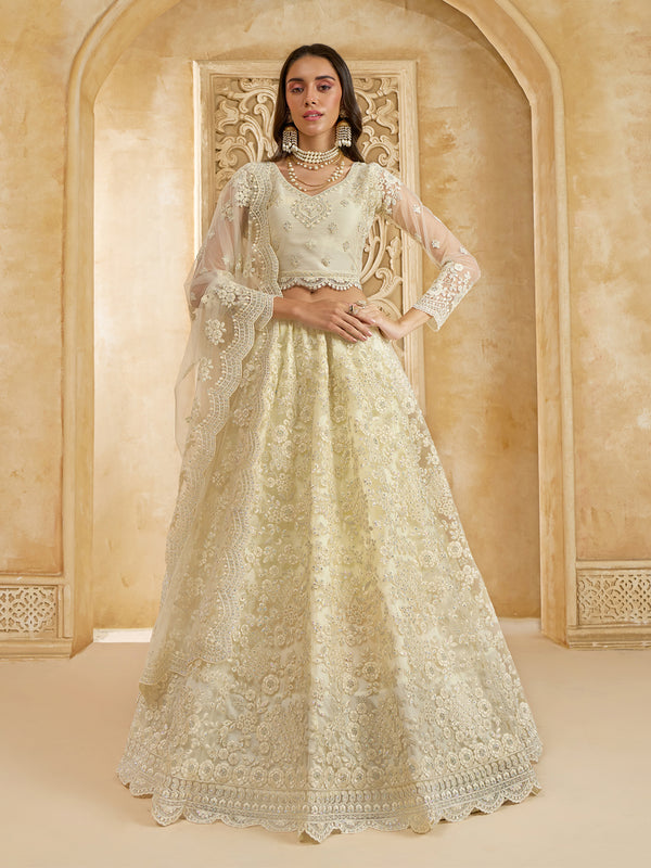 Ivory Net Sangeet Lehenga Choli with Silk And Stonework