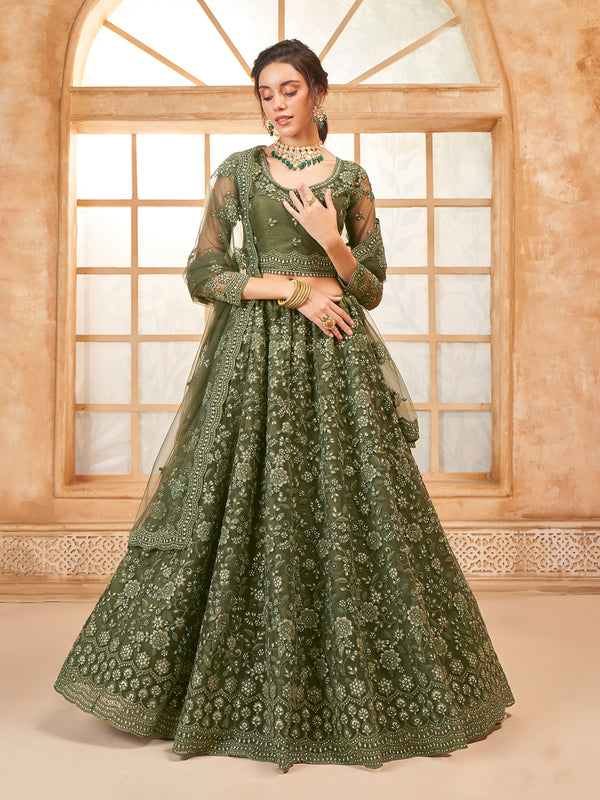 Sangeet Weeding Net Green Lehenga Choli With Embroidery