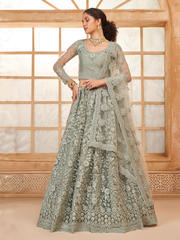 Sangeet Weeding Net Sea Green Lehenga Choli With Embroidery