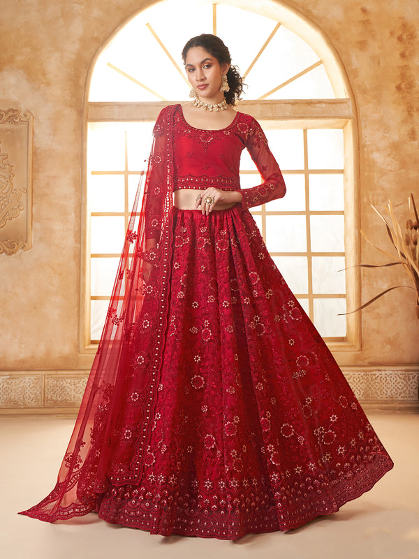 Sangeet Weeding Net Red Lehenga Choli With Embroidery