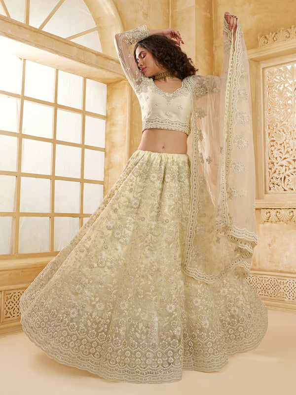 Sangeet Weeding Net Ivory Lehenga Choli With Embroidery