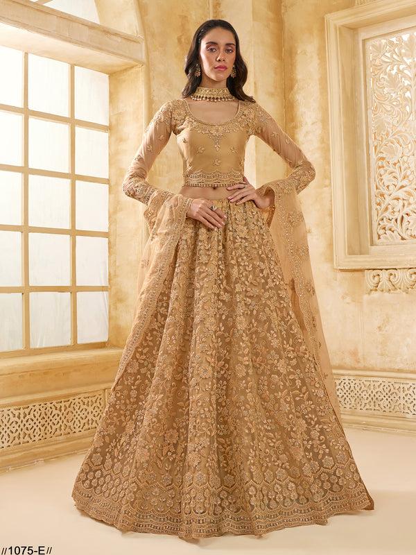 Sangeet Weeding Net Golden Beige Lehenga Choli With Embroidery