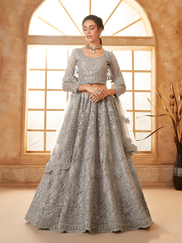 Designer Grey Sangeet Weeding Net Lehenga Choli In Silk