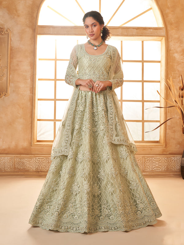 Designer Sea Green Sangeet Weeding Net Lehenga Choli In Silk