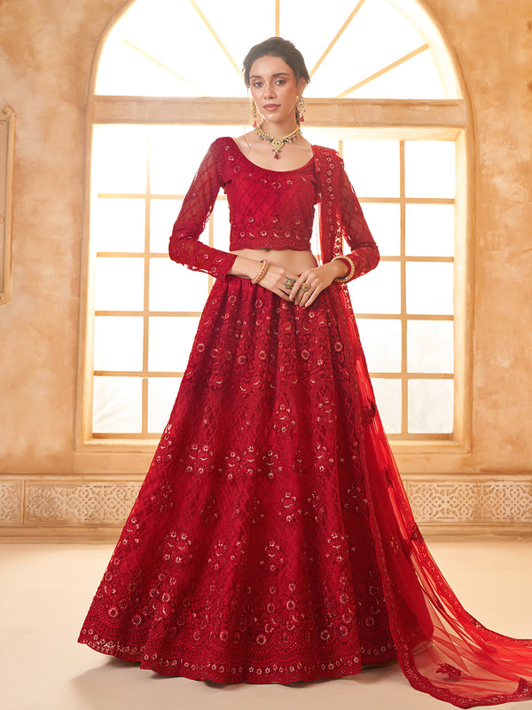 Designer Red Sangeet Weeding Net Lehenga Choli In Silk