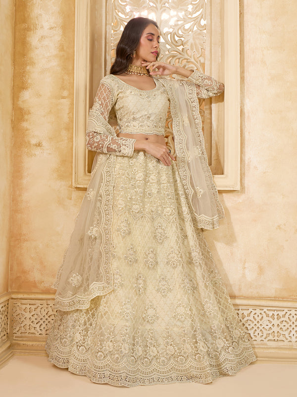 Designer Ivory Sangeet Weeding Net Lehenga Choli In Silk