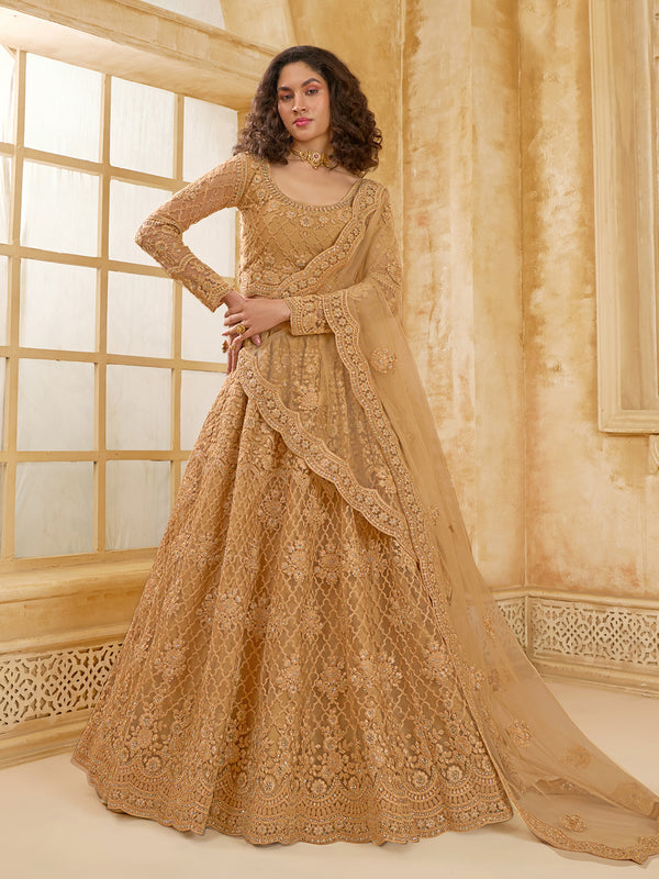 Designer Net Golden Sangeet Weeding Net Lehenga Choli In Silk