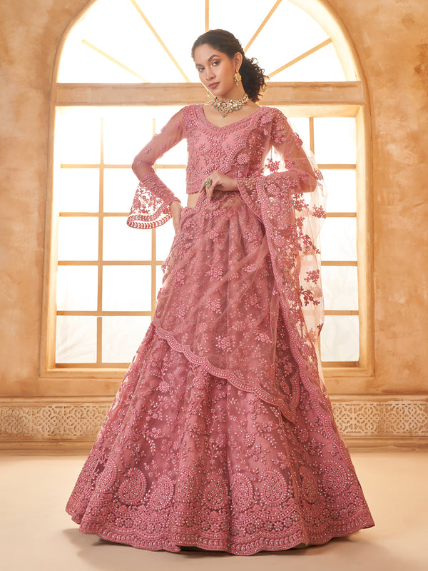 Embordered Net Pink Silk Lehenga Choli for Weeding