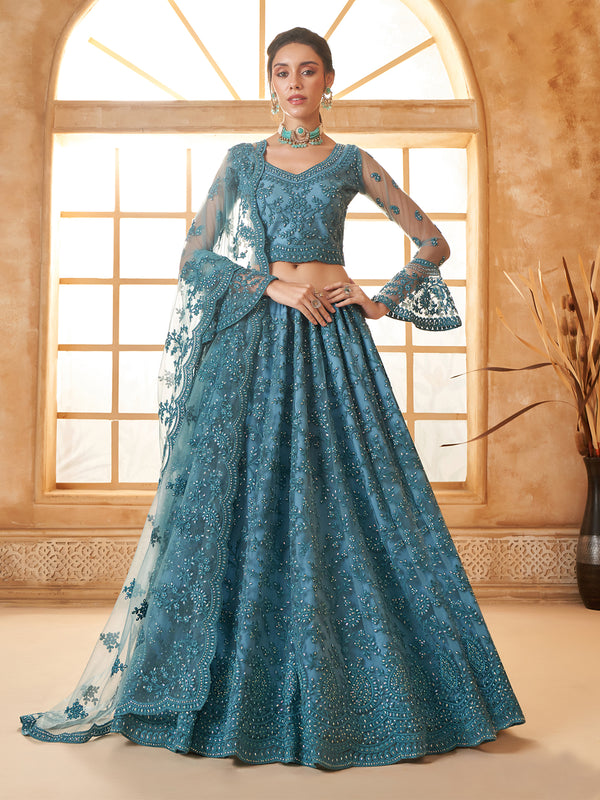 Embordered Net Teal Blue Silk Lehenga Choli for Weeding