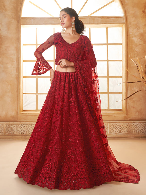 Embordered Net Red Silk Lehenga Choli for Weeding