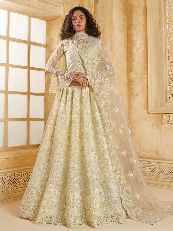 Embordered Net Ivory Silk Lehenga Choli for Weeding