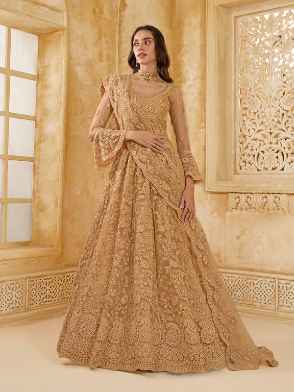 Embordered Net Golden Beige Silk Lehenga Choli for Weeding