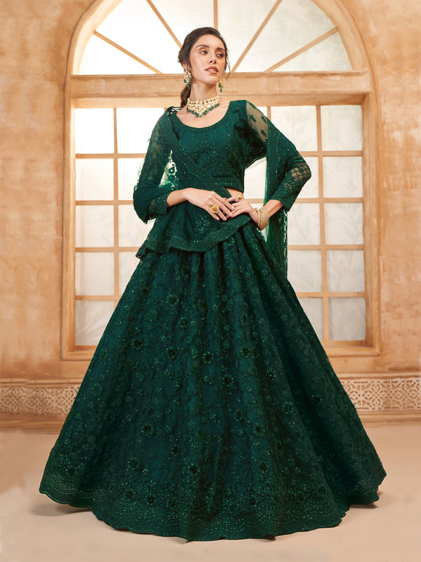 Green Net Thread Embroidered Weeding Lehenga Choli