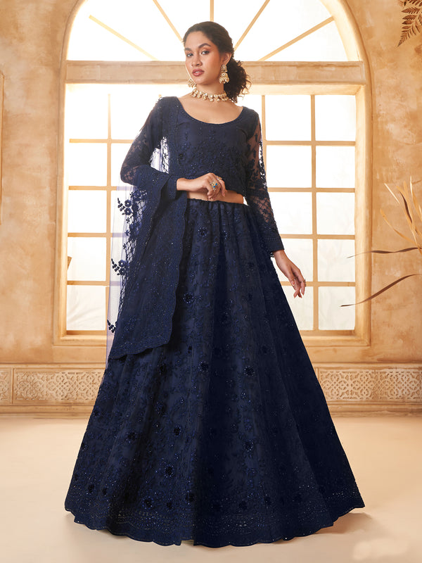 Navy Blue Net Thread Embroidered Weeding Lehenga Choli