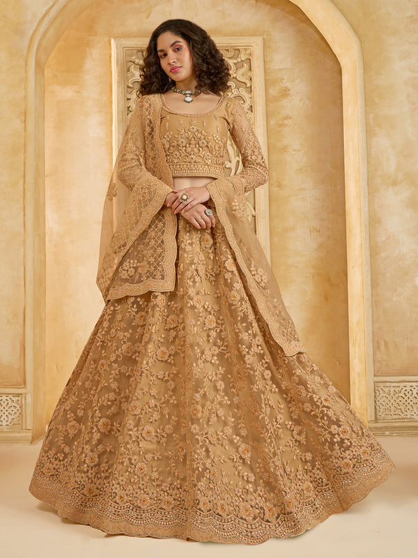 Golden Beige Net Thread Embroidered Weeding Lehenga Choli