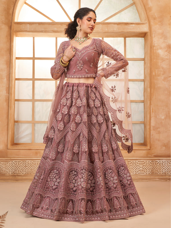 Mauve pink  Net Thread Embroidered Weeding Lehenga Choli