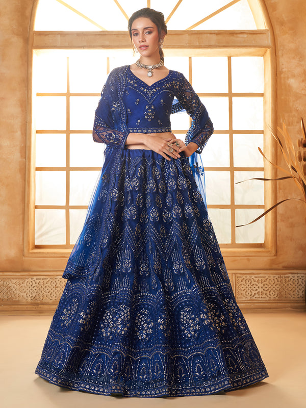 Thread Embroidered Sangeet Lehenga Choli In Navy Blue