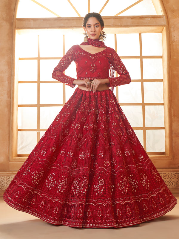 Thread Embroidered Sangeet Lehenga Choli In Red