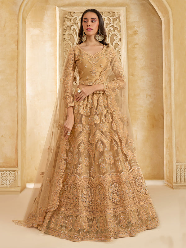 Thread Embroidered Sangeet Lehenga Choli In Golden Beige