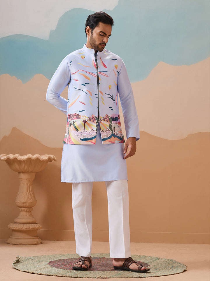 Designer Sky Blue Silk Kurta for Men In Thread Embroidery Work
