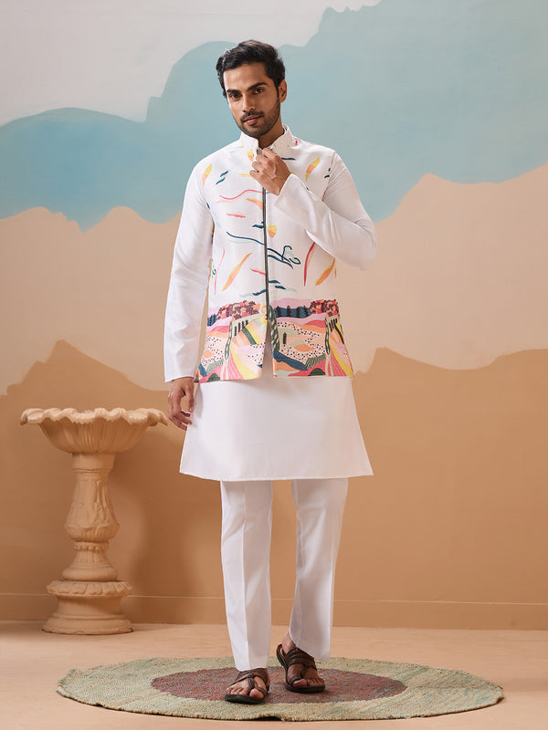 Men's White Silk Koti Kurta Set with Thread & Embroidery Work - Designer Ethnic Wear for Weddings & Festive Occasions