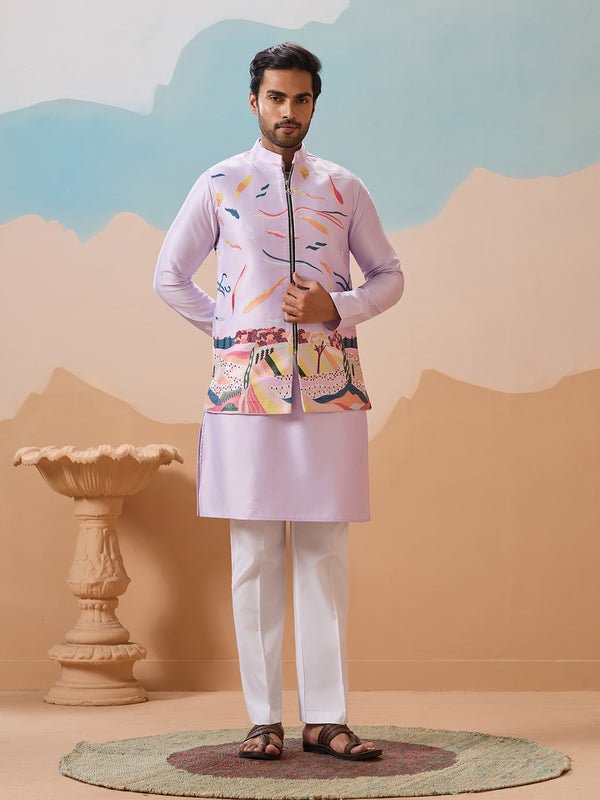 Lavender Silk Kurta Set for Men with Exquisite Thread Embroidery Work