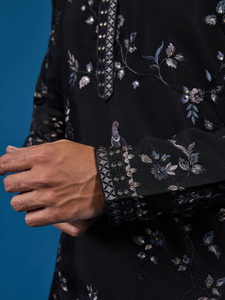 Black Viscose Silk Kurta In Thread & Sequin Embroidered Occasion Wear