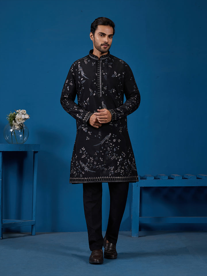 Black Viscose Silk Kurta In Thread & Sequin Embroidered Occasion Wear