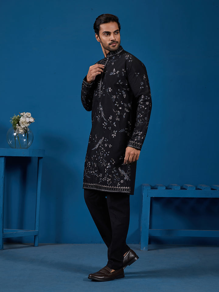 Black Viscose Silk Kurta In Thread & Sequin Embroidered Occasion Wear