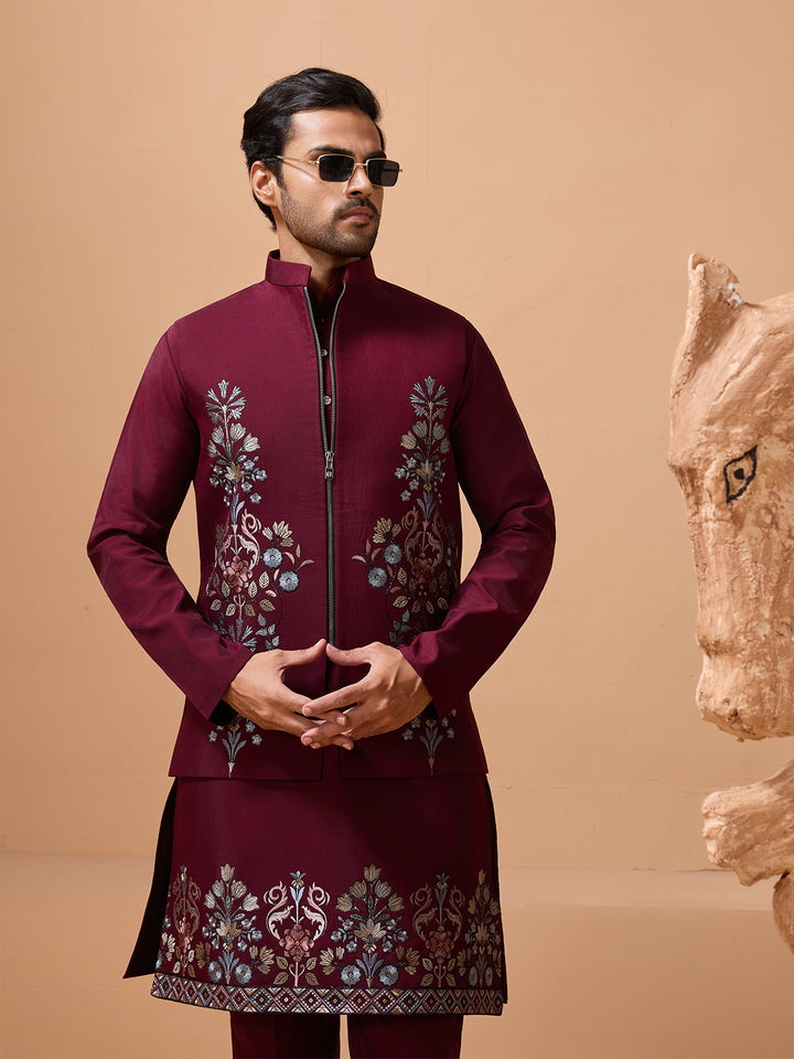 Maroon Viscose Silk Koti Kurta Set | Men's Designer Embroidered Ethnic Wear