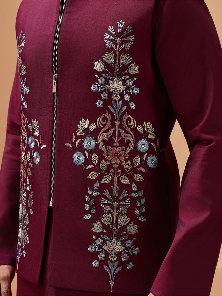 Maroon Viscose Silk Koti Kurta Set | Men's Designer Embroidered Ethnic Wear